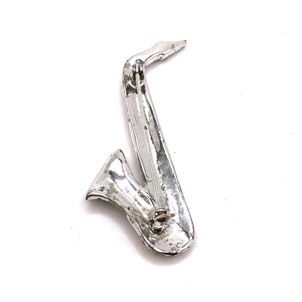 Vintage Silver Tone Rhinestone Saxophone Brooch Pin – Sparkle with Sax Appeal! - Picture 8 of 10